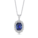 Royal Blue Sapphire Cushion Halo Diamond Pendant