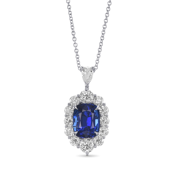 Royal Blue Sapphire Cushion Halo Diamond Pendant