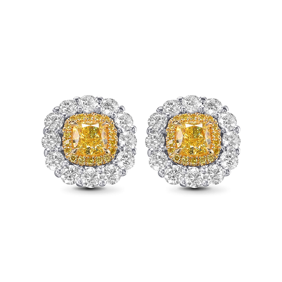 Fancy Intense Yellow Cushion Double Halo Diamond Earrings