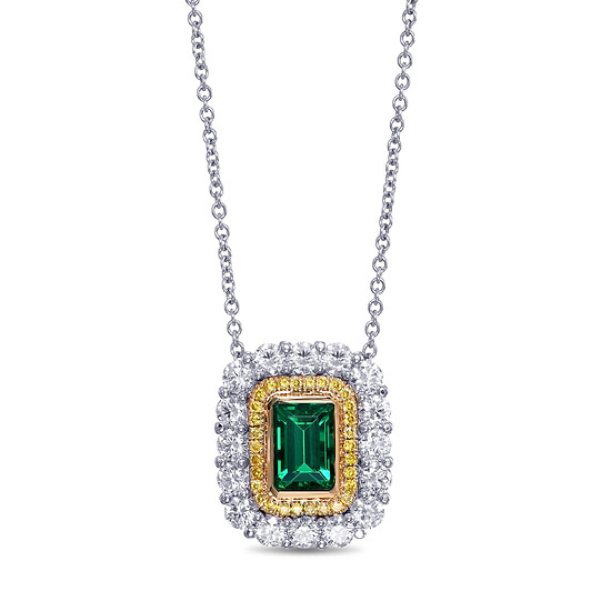 Green Emerald and Diamond Double Halo Pendant
