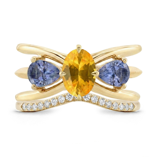 Yellow Sapphire,Blue Sapphire and Diamond Crossover Trio Stack Rings