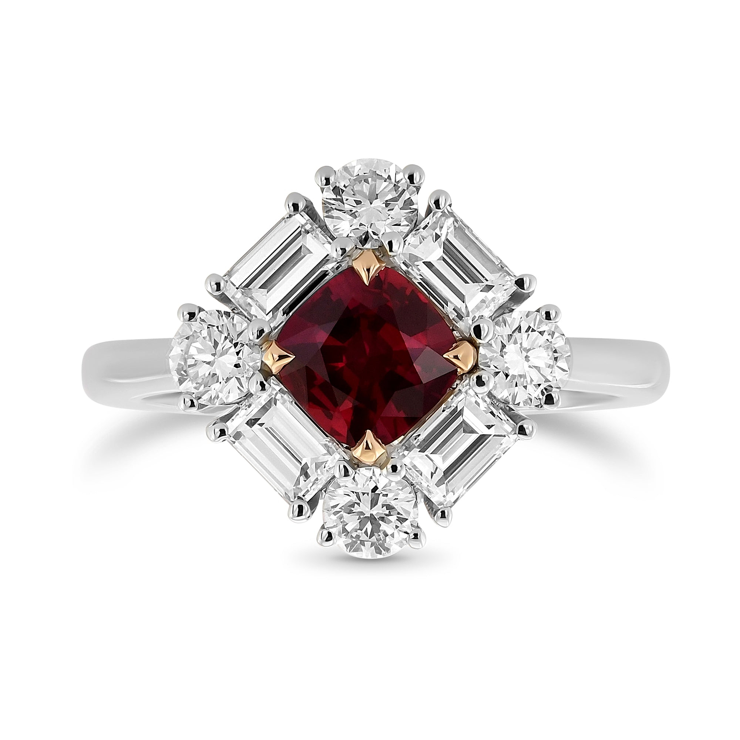Cushion Red Ruby and Diamond Halo Ring