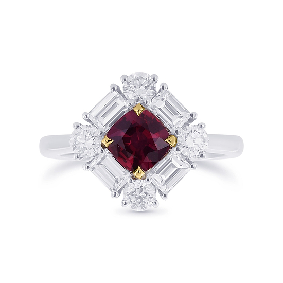 Cushion Red Ruby and Diamond Halo Ring