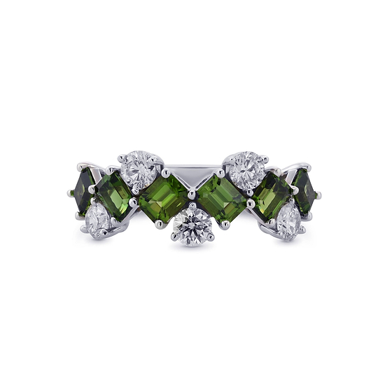 Green Emerald Tourmaline and Diamond Band Ring
