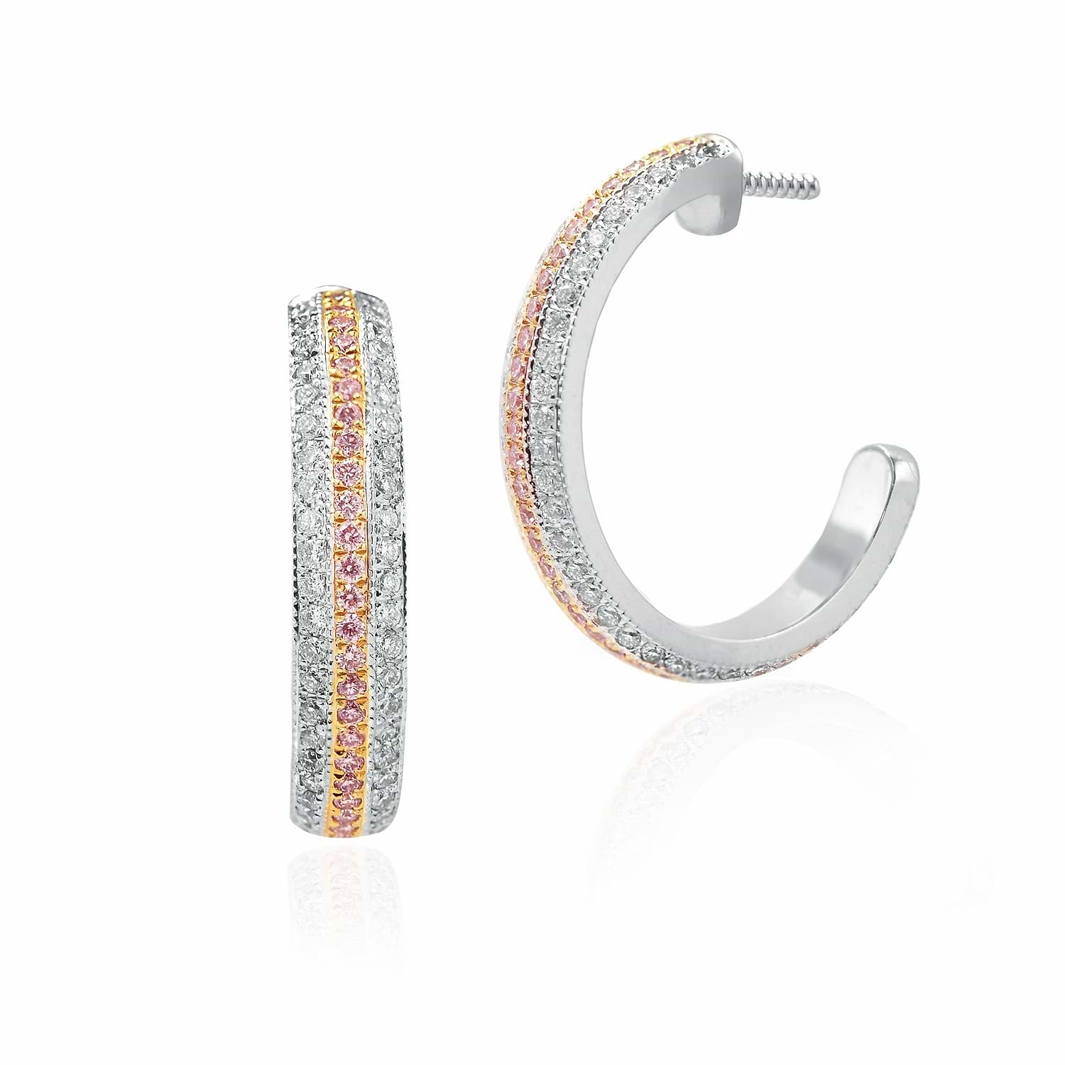 Fancy Pink and White Pave Diamond Hoop Earrings