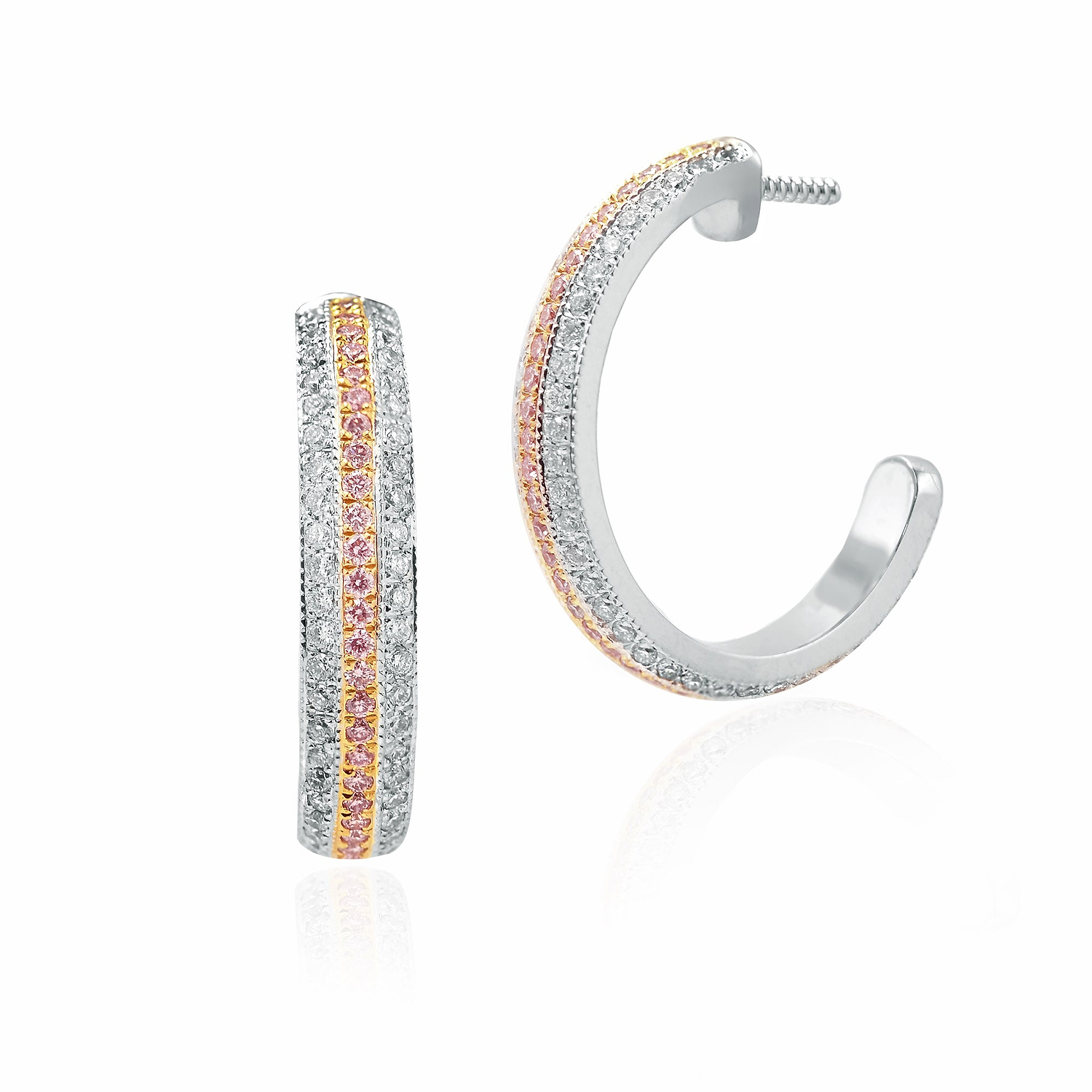 Fancy Pink and White Pave Diamond Hoop Earrings