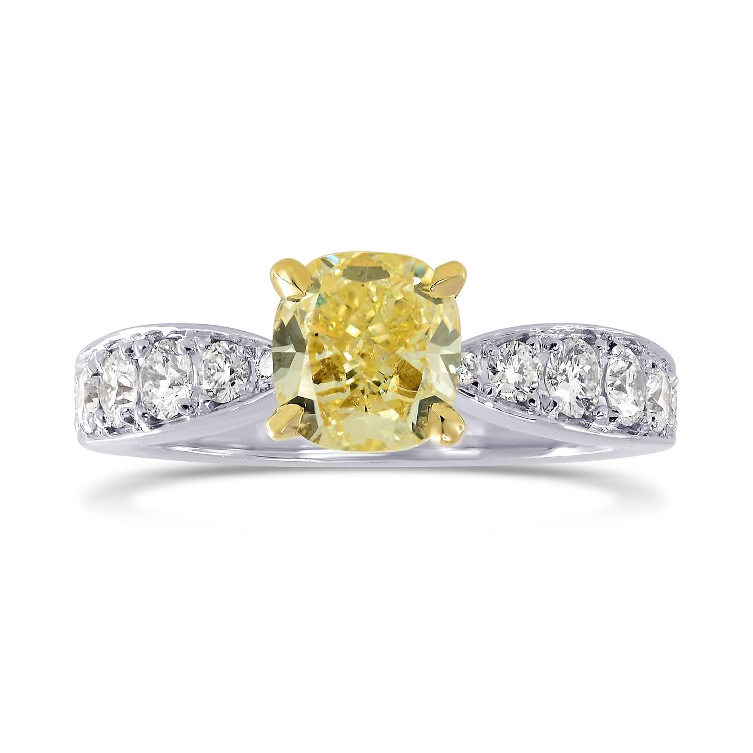 Fancy Yellow Cushion Diamond Side Stone Ring