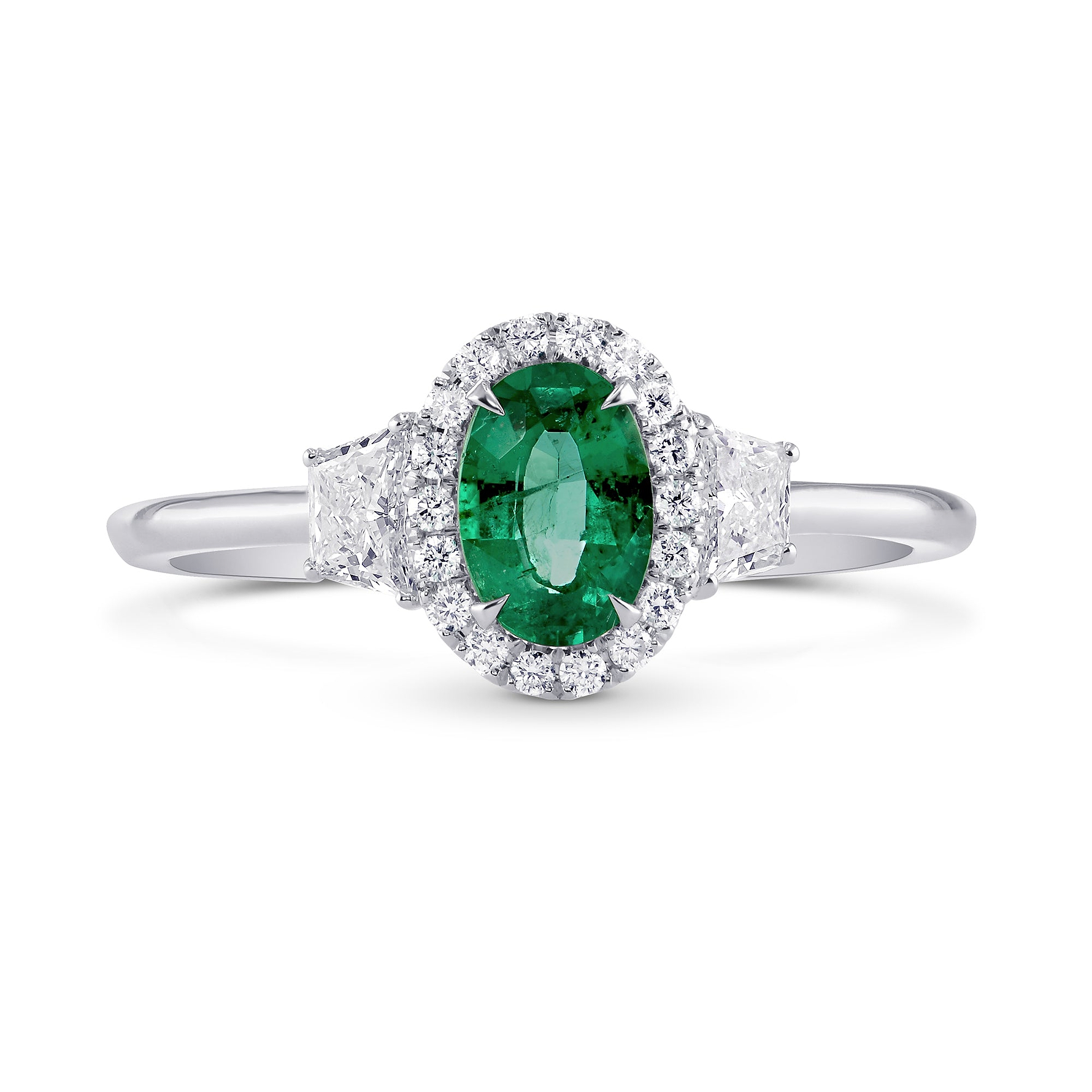 Oval Green Emerald & Trapezoid Diamond Halo Ring