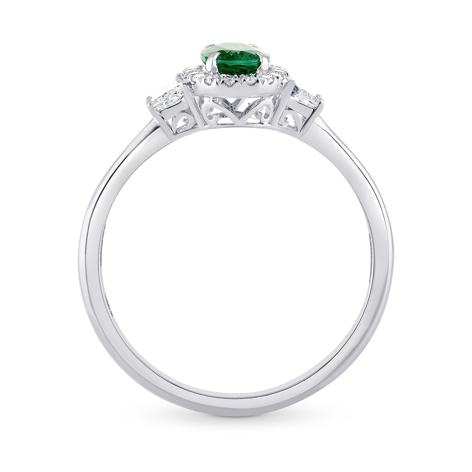 Oval Green Emerald & Trapezoid Diamond Halo Ring