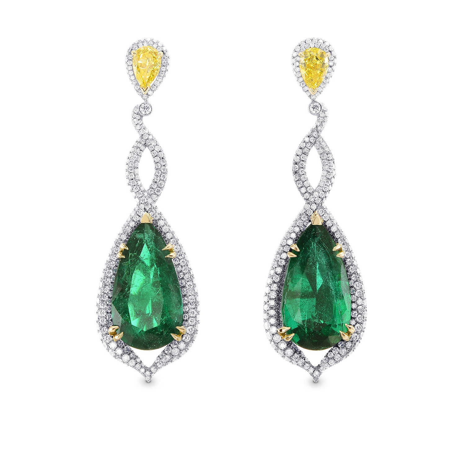Green Zambian Emerald & Canary Yellow Diamond Drop Earrings