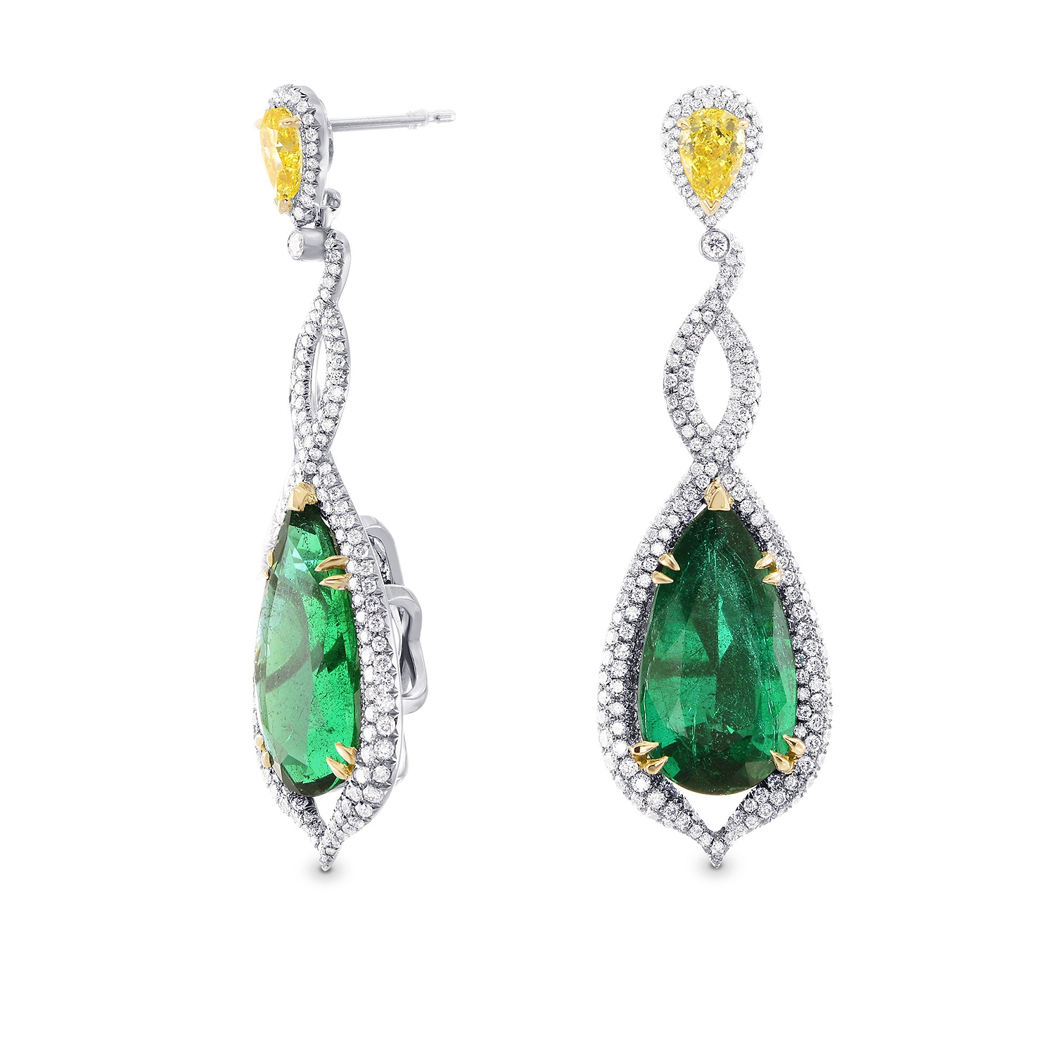 Green Zambian Emerald & Canary Yellow Diamond Drop Earrings