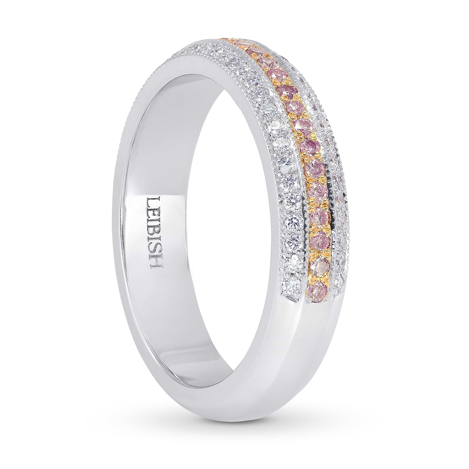 Fancy Light Pink and White Pave Diamond Milgrain Wedding Band - 2
