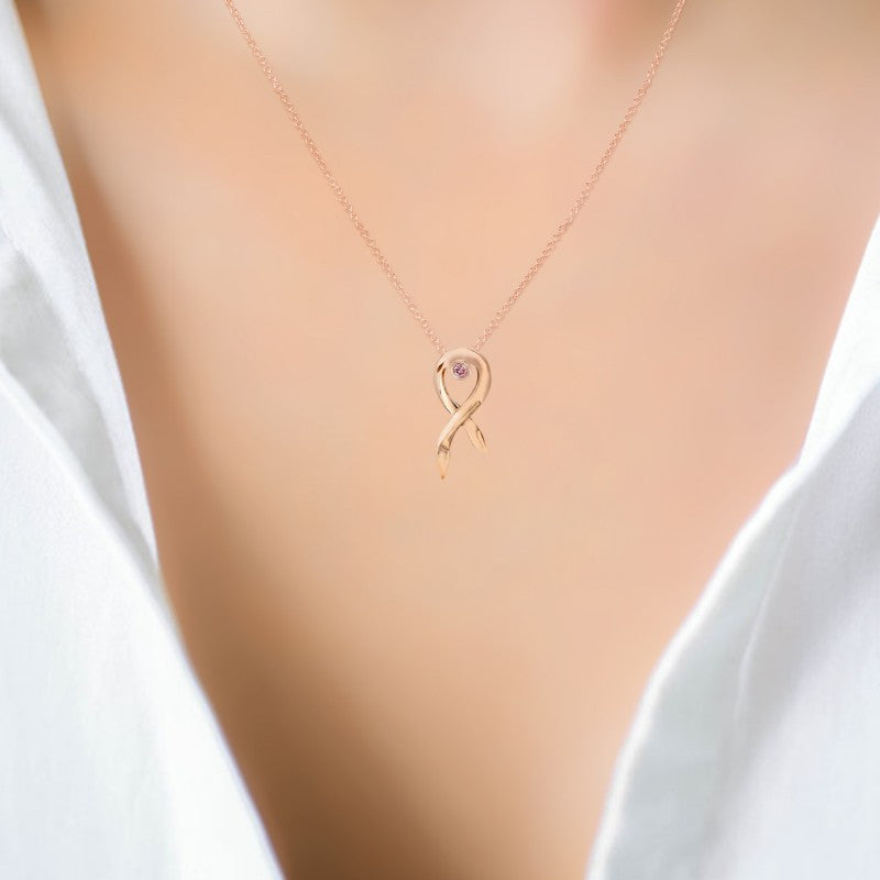 Pink Diamond Rose Gold Breast Cancer Awareness Ribbon Pendant - 3