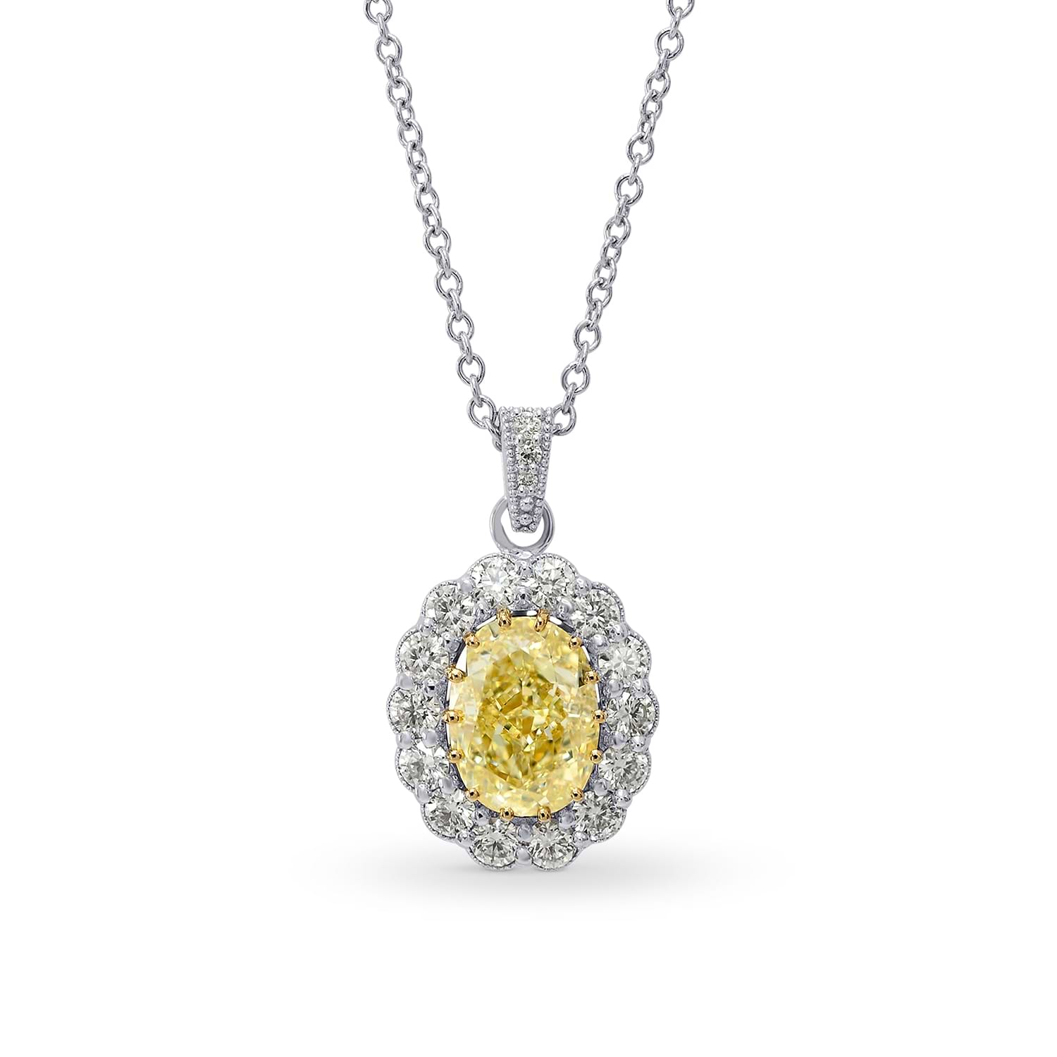Fancy Yellow Oval Diamond Drop Halo Pendant