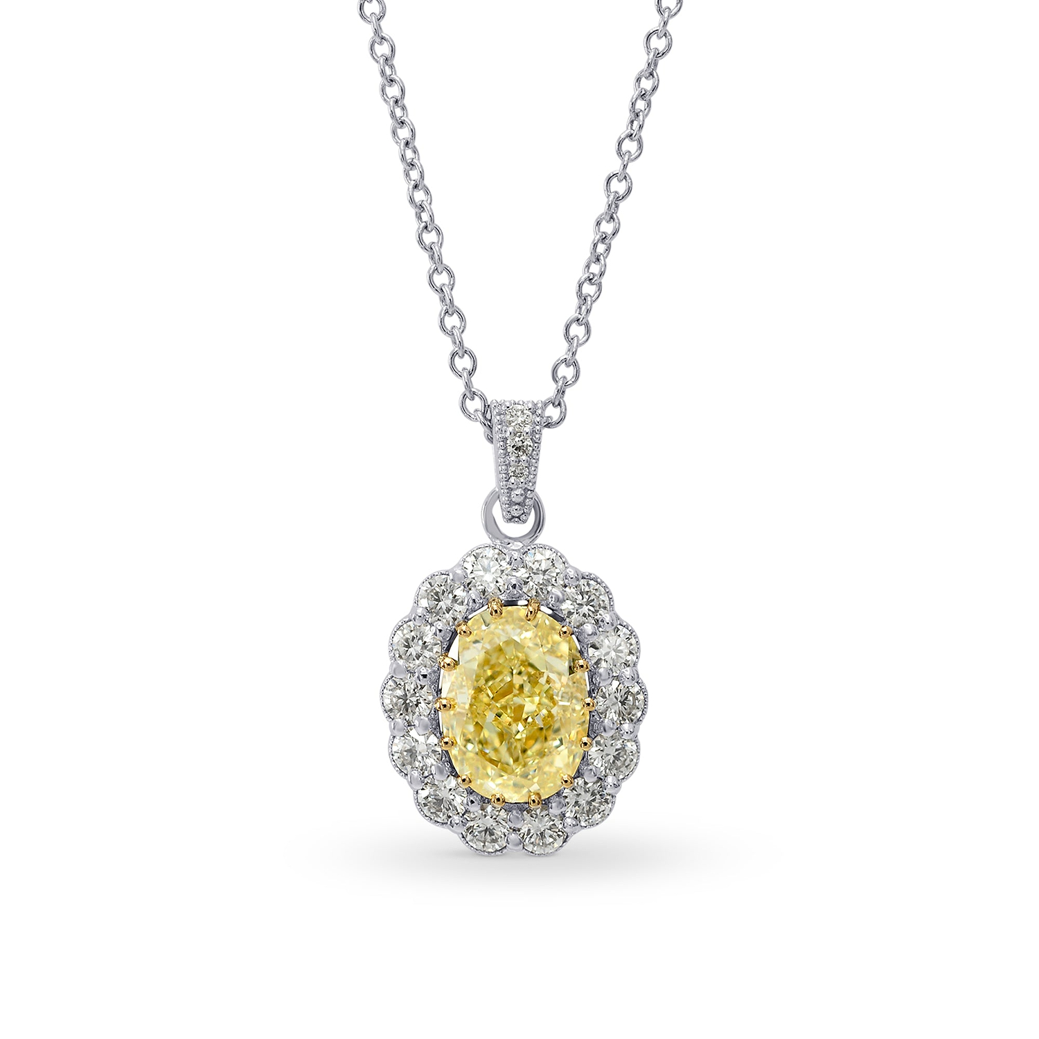 Fancy Yellow Oval Diamond Drop Halo Pendant
