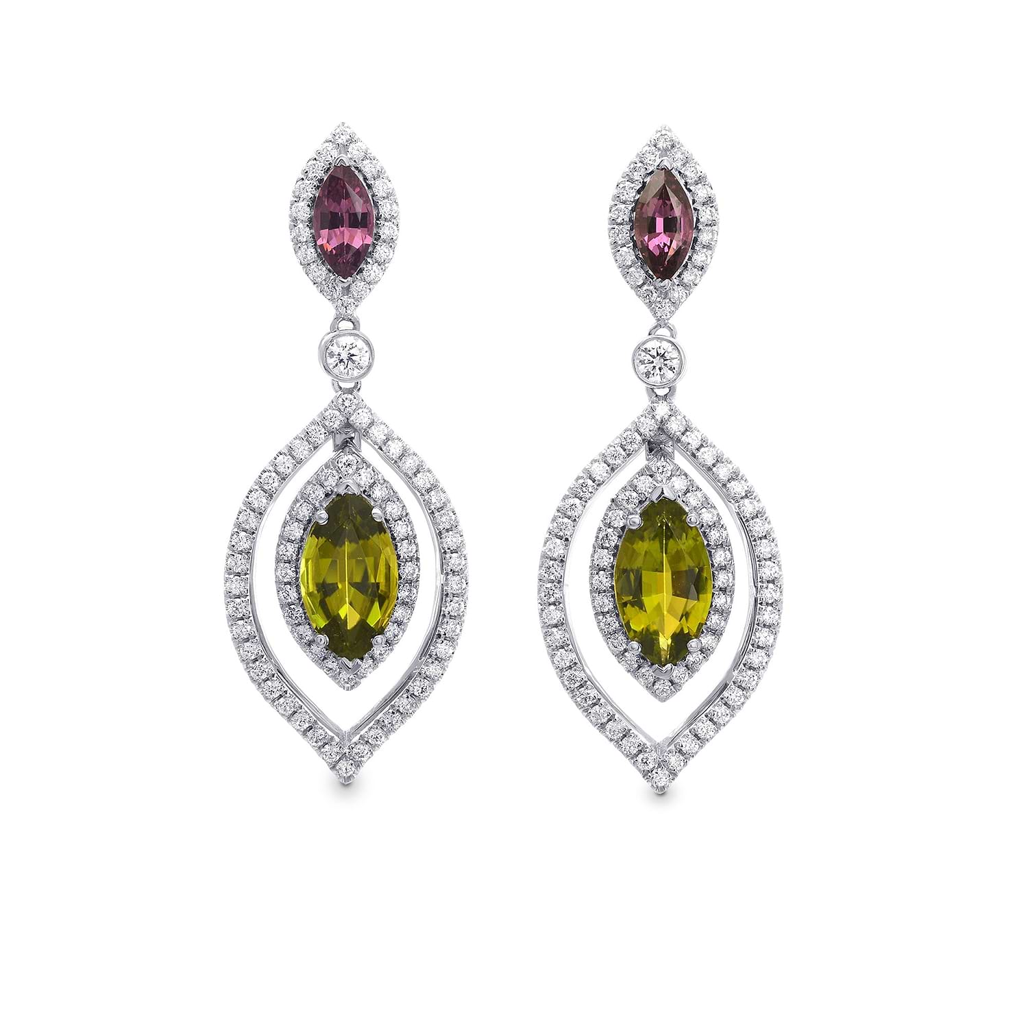 Tsavorite, Tourmaline & Diamond Drop Earrings