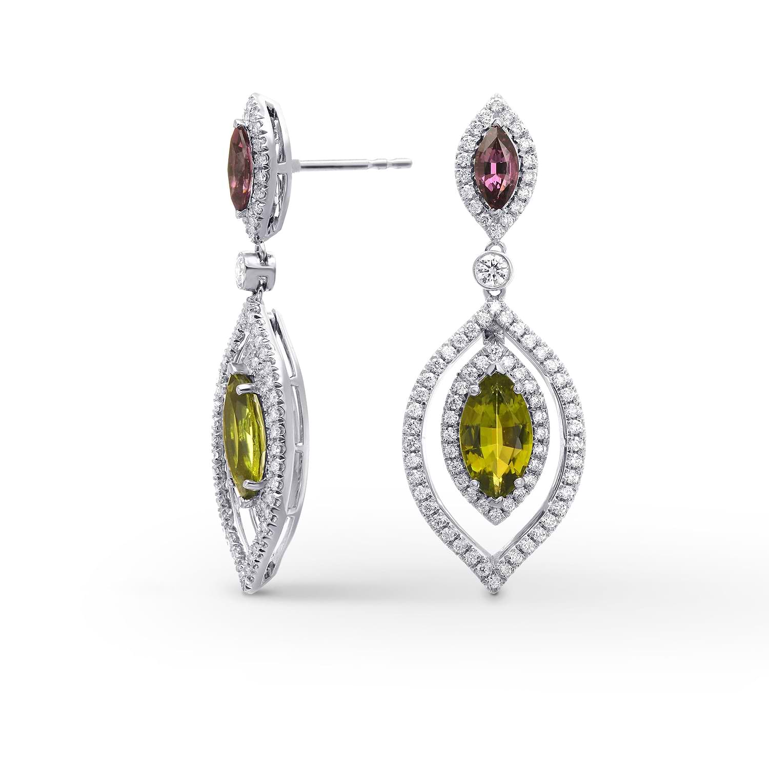 Tsavorite, Tourmaline & Diamond Drop Earrings
