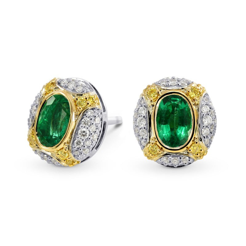 Oval Emerald and Fancy Intense Yellow Diamond Earrings - 2