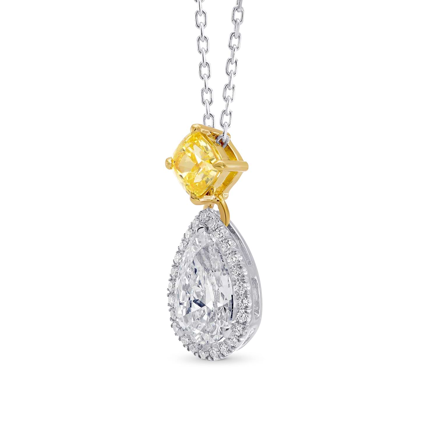 White Pear and Fancy Intense Yellow Diamond Halo Pendant