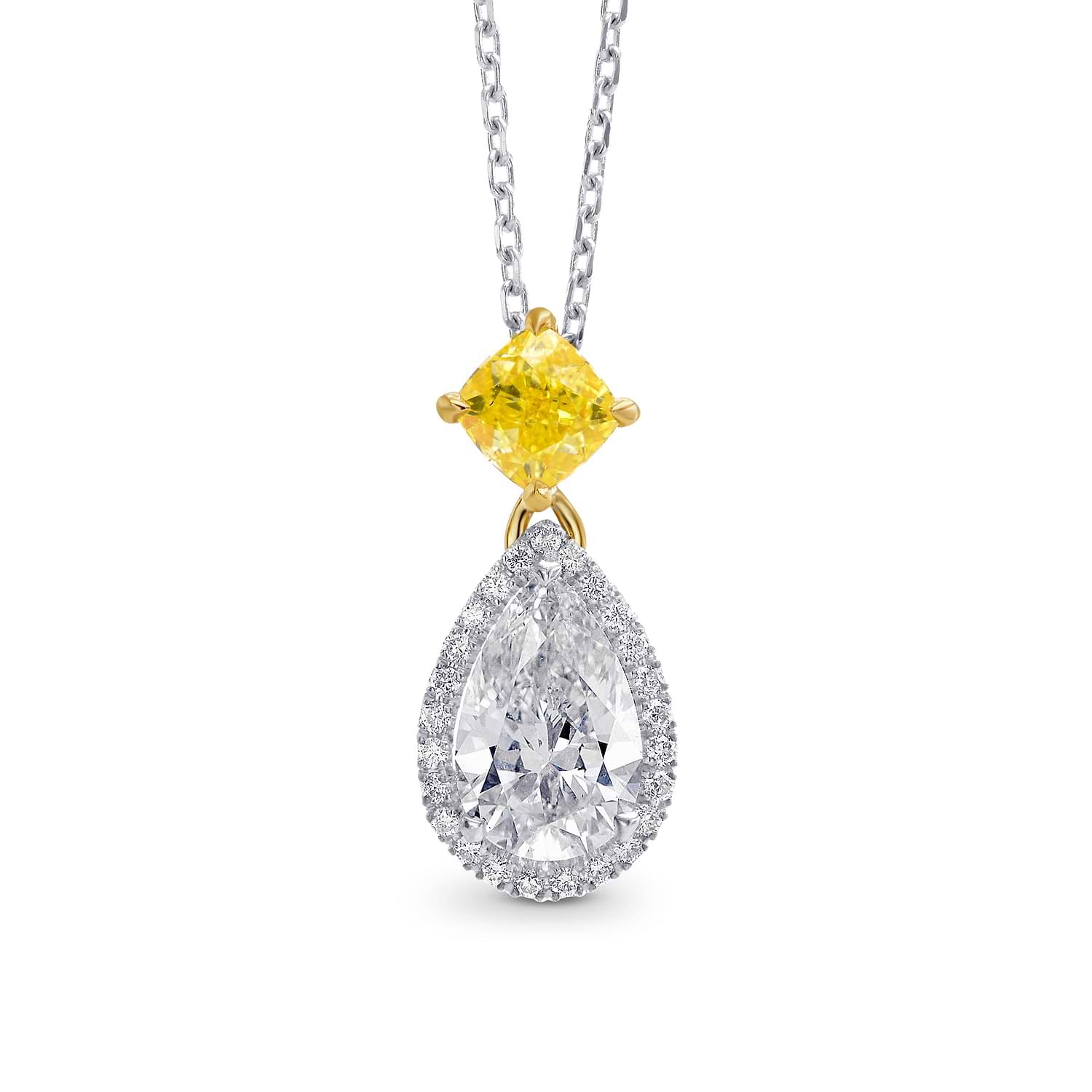 White Pear and Fancy Intense Yellow Diamond Halo Pendant