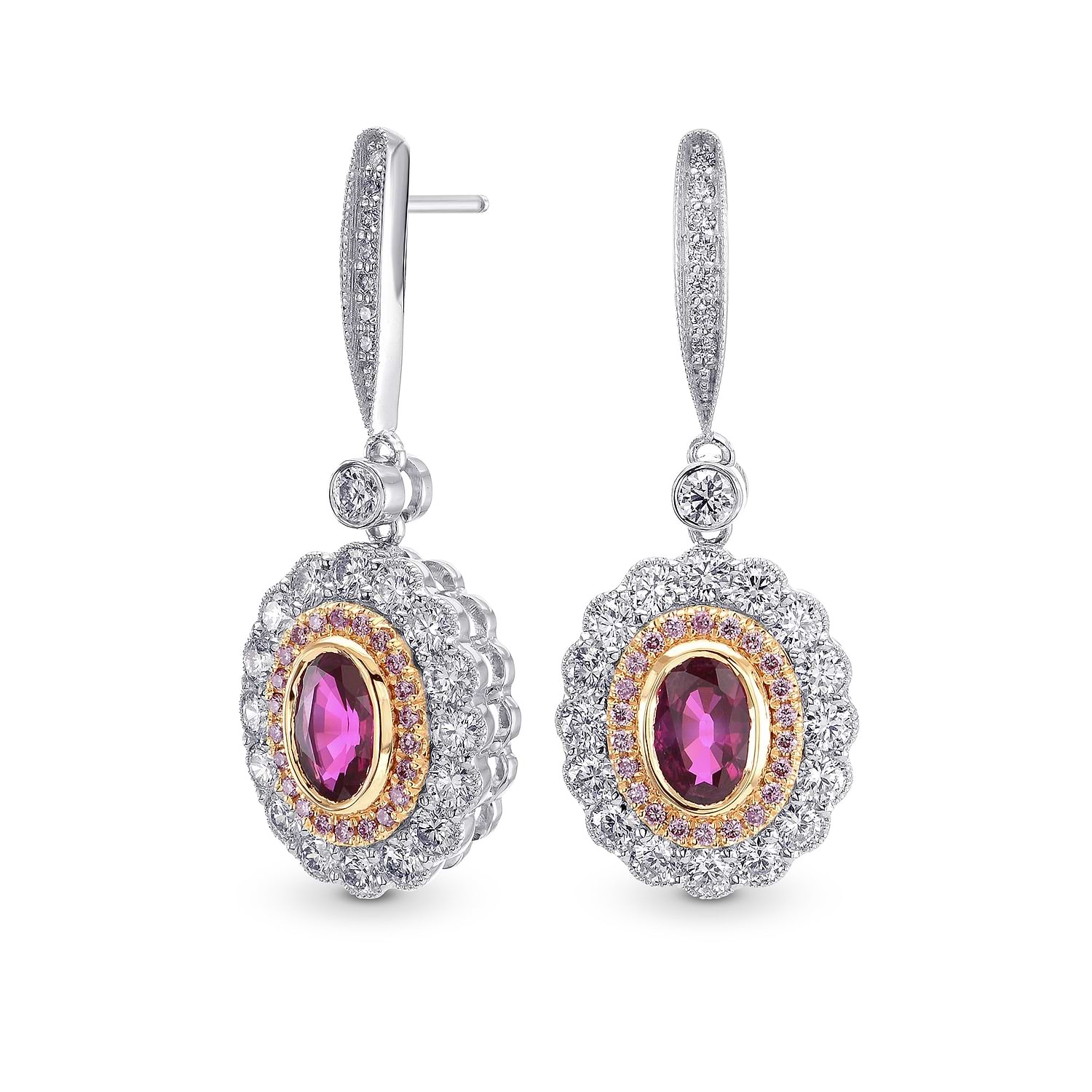 Oval Ruby & Pink Diamond Drop Halo Earrings - 2