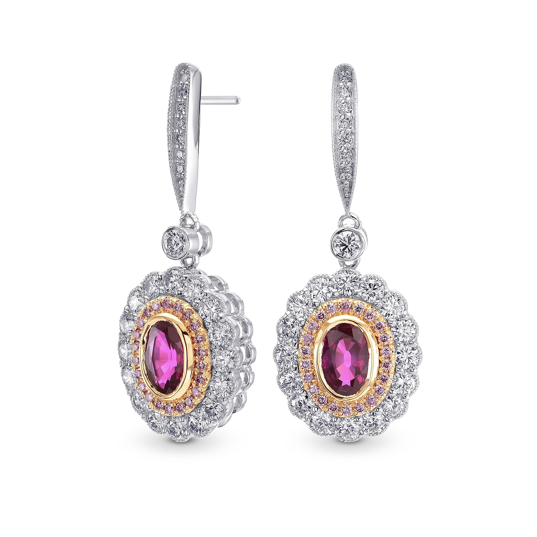 Oval Ruby & Pink Diamond Drop Halo Earrings - 2