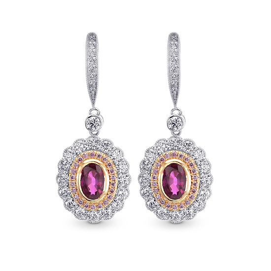 Oval Ruby & Pink Diamond Drop Halo Earrings