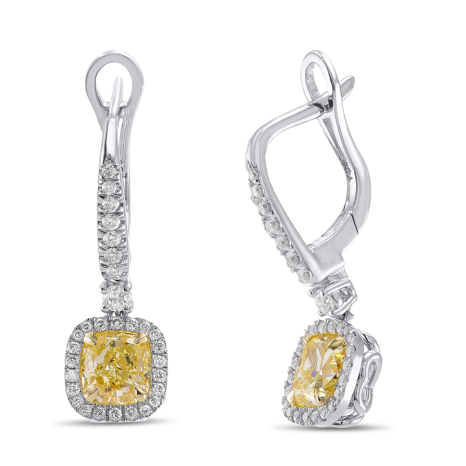 Yellow Diamond Cushion Drop Halo Earrings - 2
