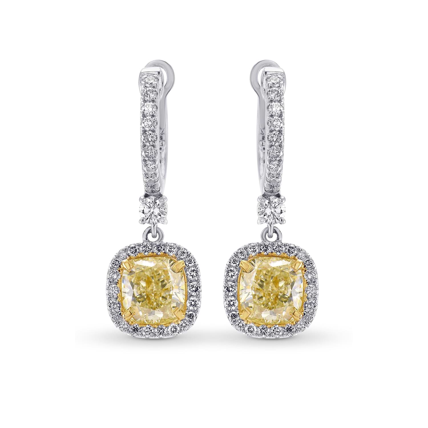 Yellow Diamond Cushion Drop Halo Earrings