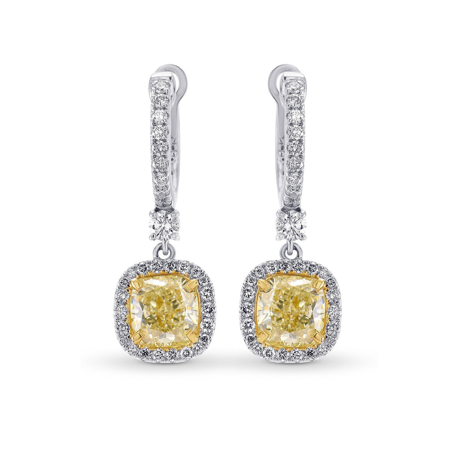 Yellow Diamond Cushion Drop Halo Earrings