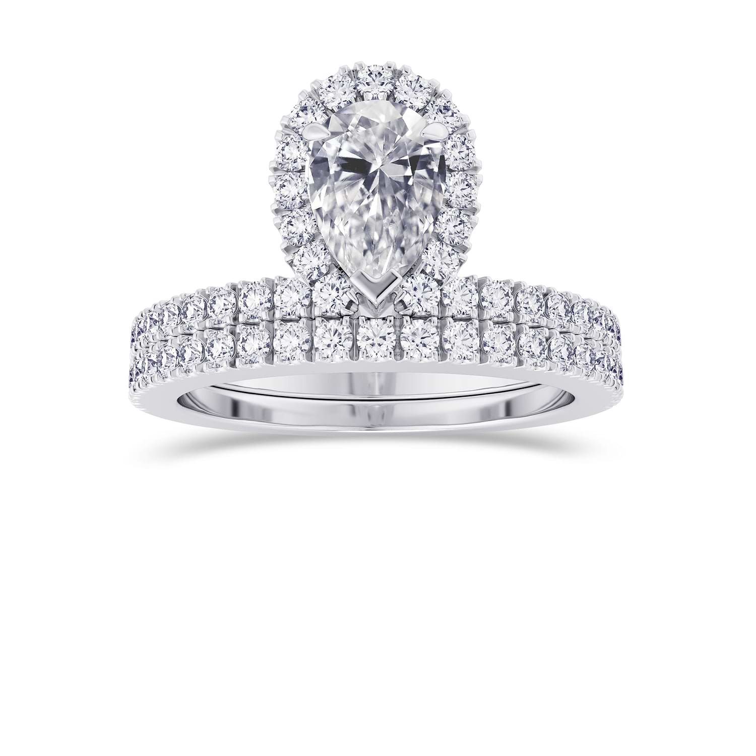 Pear Shaped Halo Diamond Engagement Ring & Wedding Band Set