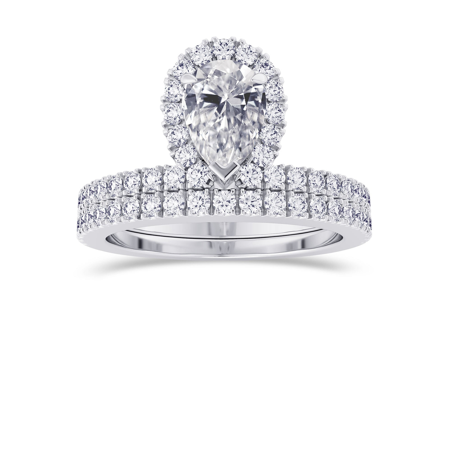 Pear Shaped Halo Diamond Engagement Ring & Wedding Band Set