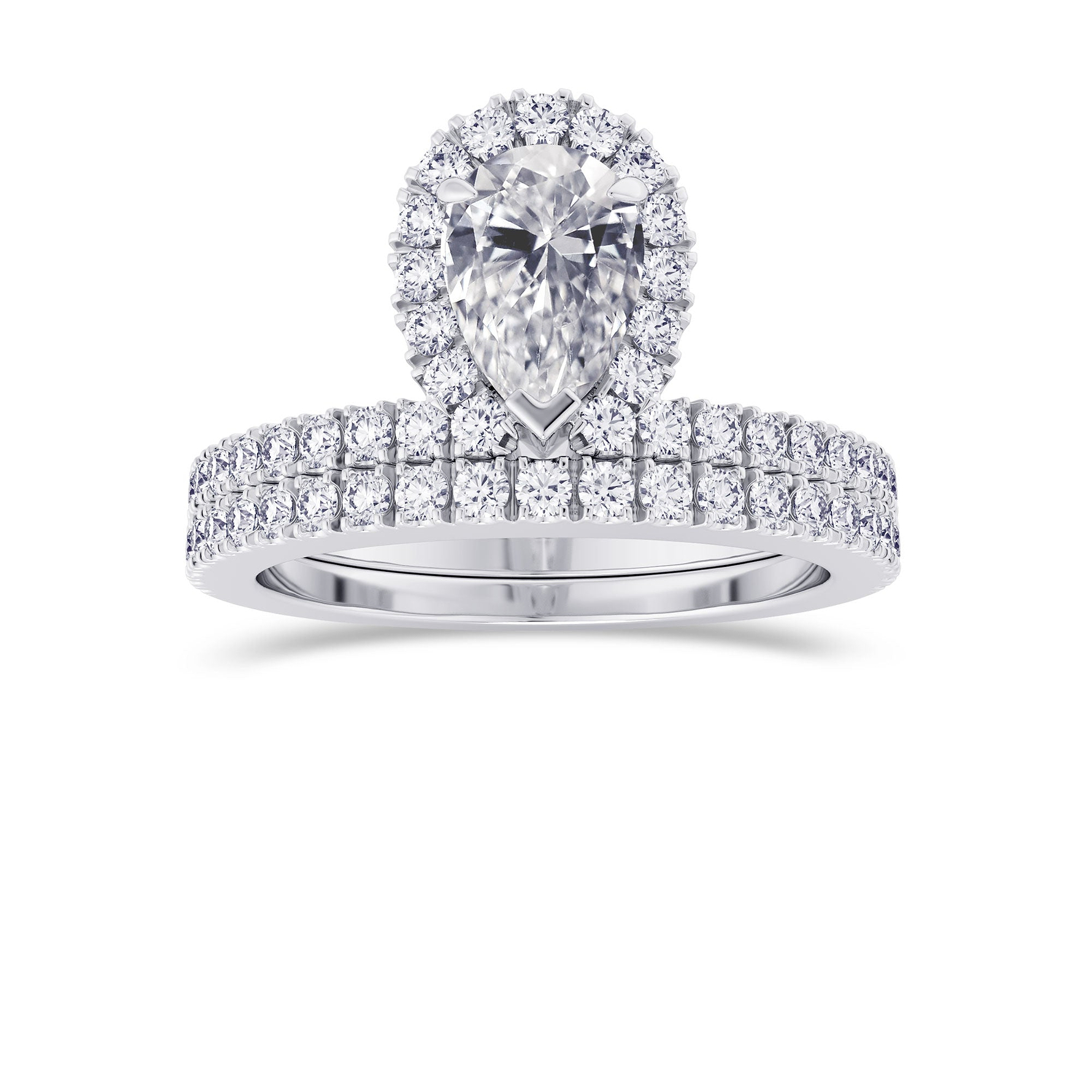 Pear Shaped Halo Diamond Engagement Ring & Wedding Band Set