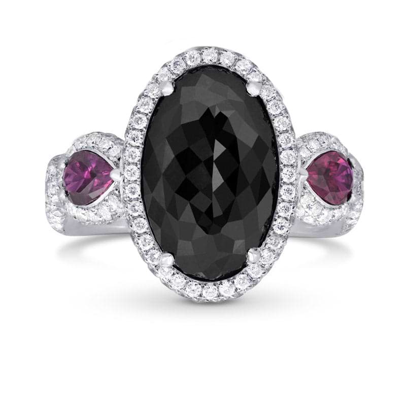 Fancy Black Oval Diamond and Ruby Ring GIA