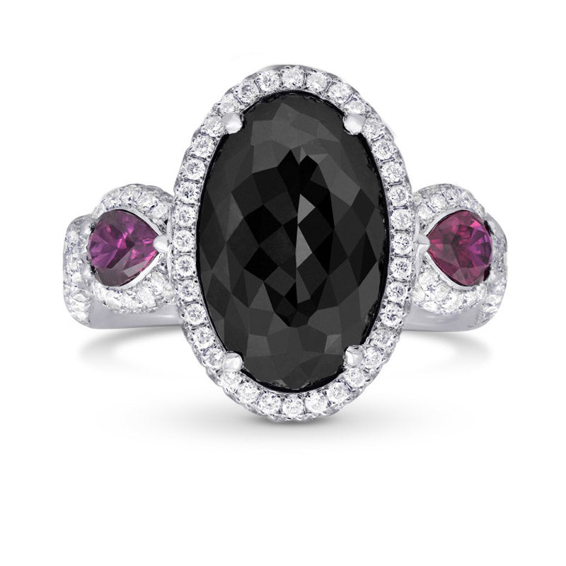Fancy Black Oval Diamond and Ruby Ring GIA