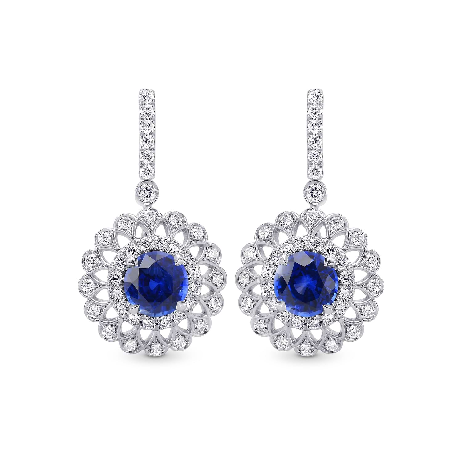 Blue Sapphire & Diamond Filigree Floral Halo Drop Earrings