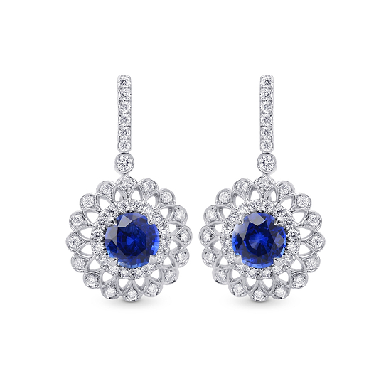 Blue Sapphire & Diamond Filigree Floral Halo Drop Earrings