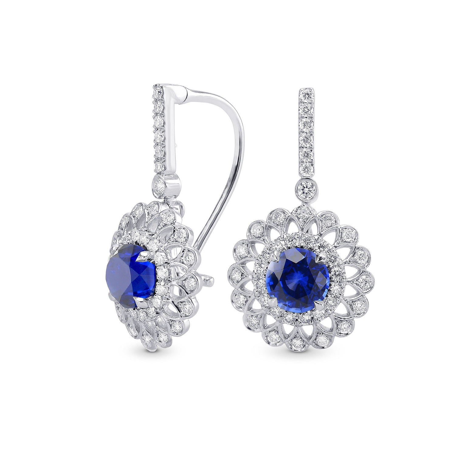 Blue Sapphire & Diamond Filigree Floral Halo Drop Earrings - 2