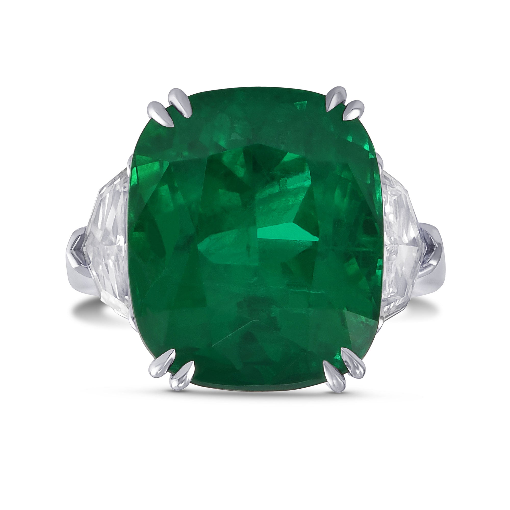 Exceptional Cushion Emerald and Diamond Three Stone Ring GUBELIN