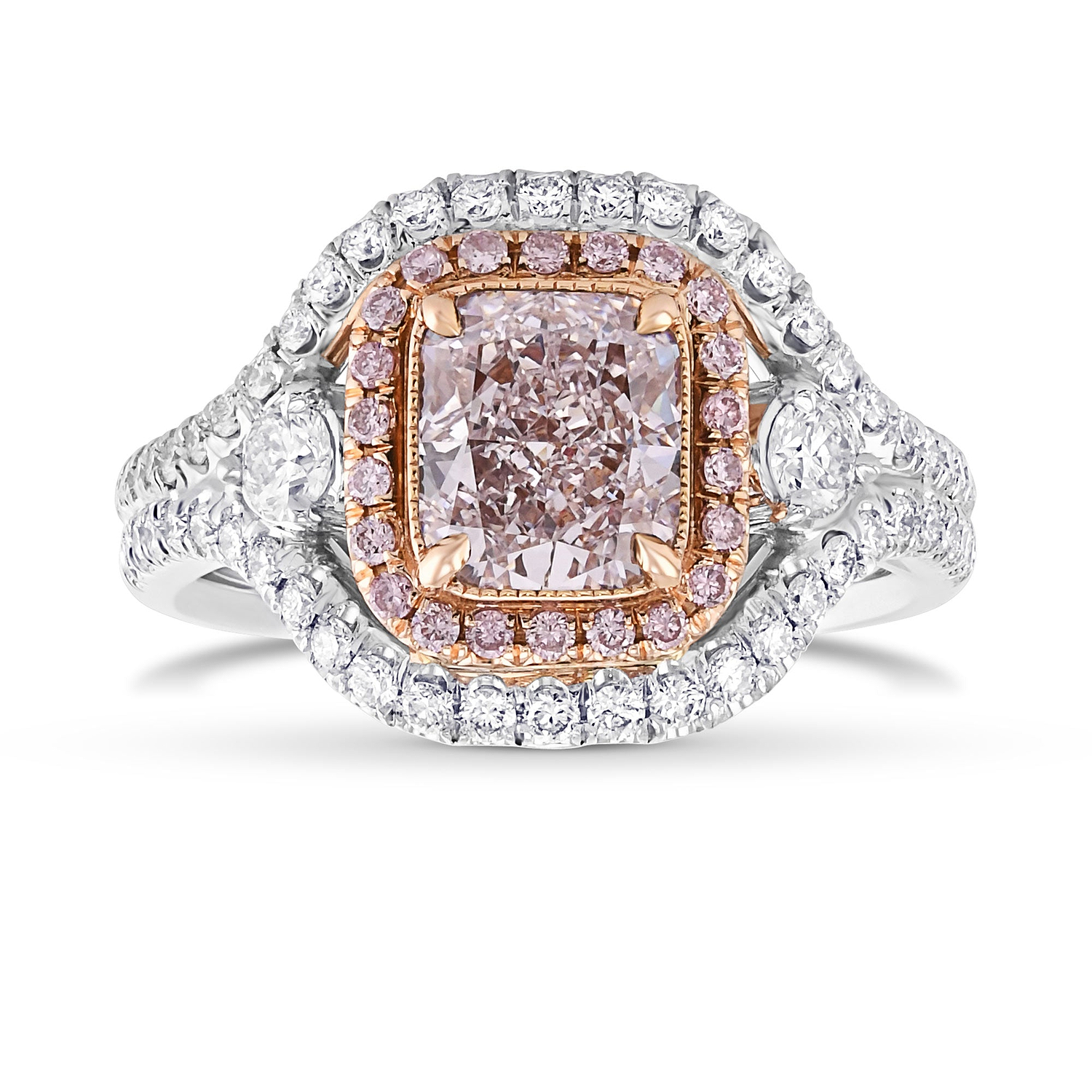 Extraordinary Fancy Light Purplish Pink Cushion Double Halo Diamond Ring GIA
