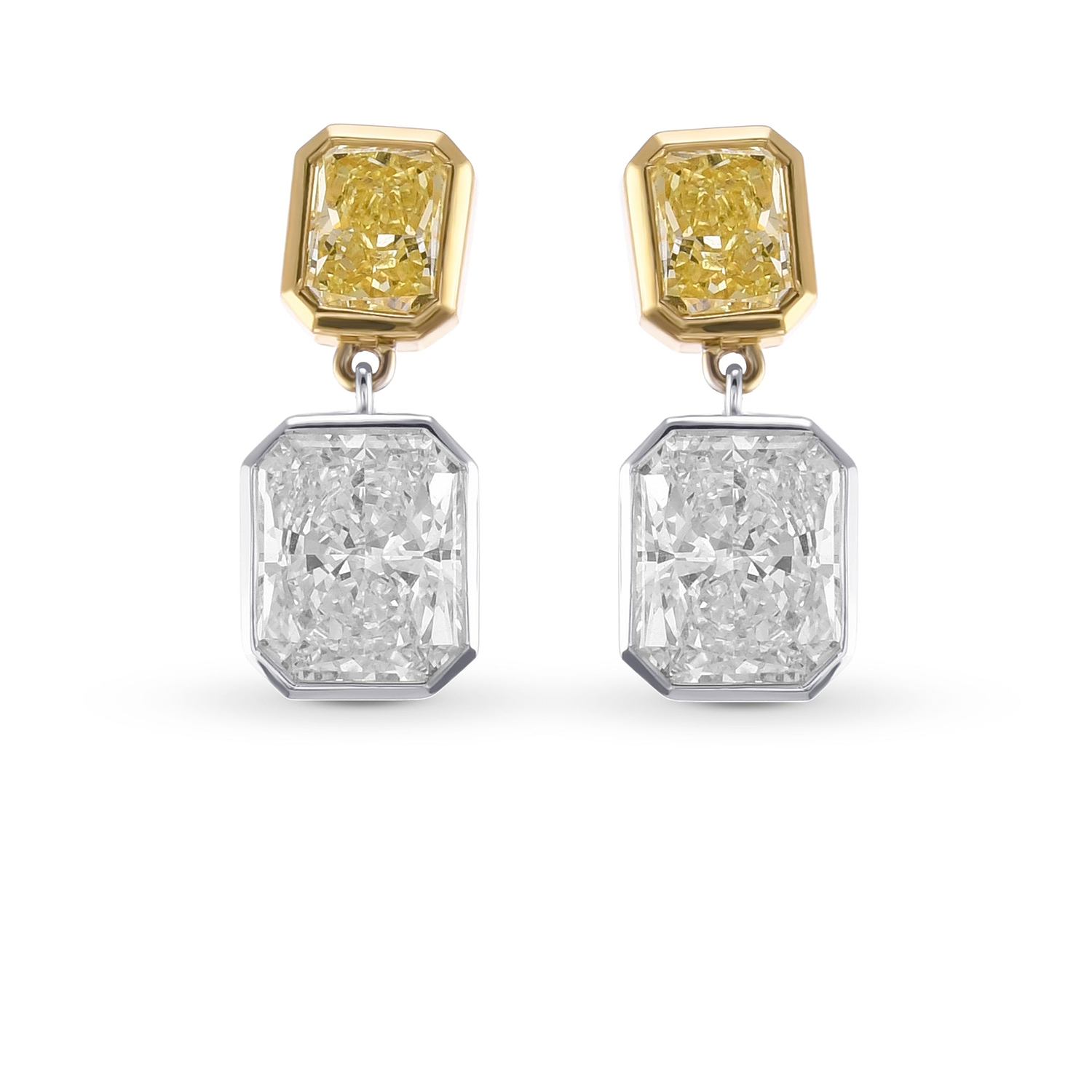 Radiant F color and Fancy Intense Yellow Drop Diamond Earrings GIA