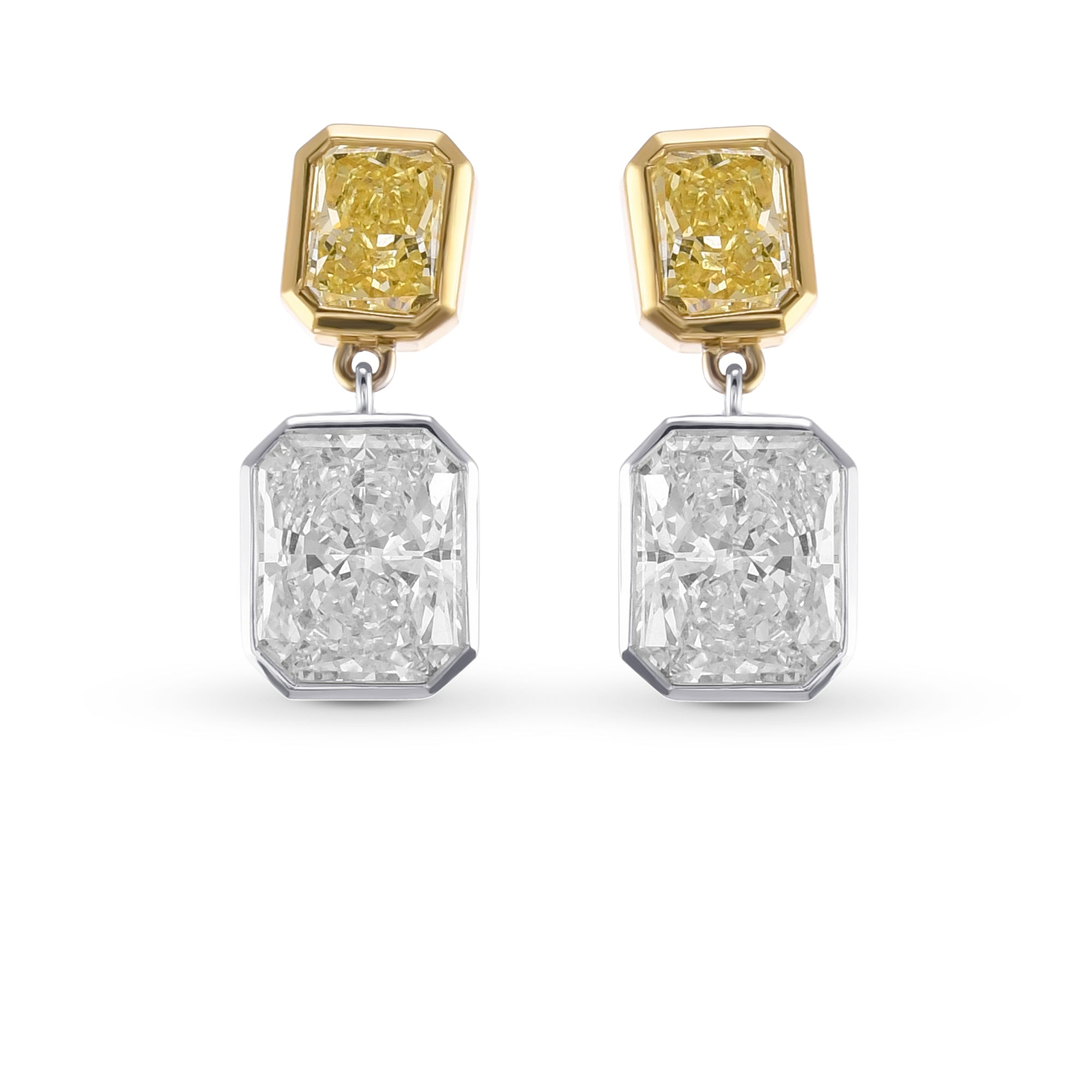 Radiant F color and Fancy Intense Yellow Drop Diamond Earrings GIA