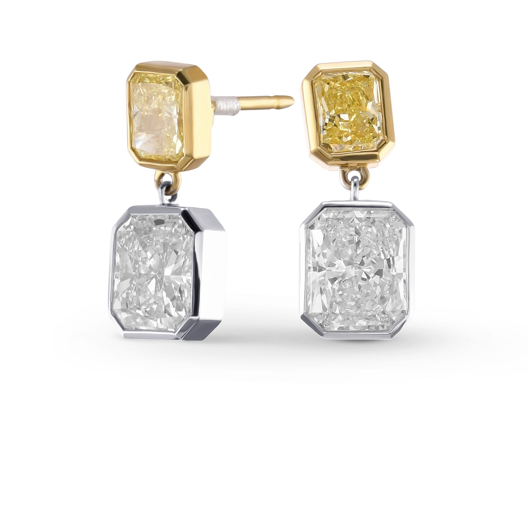 Radiant F color and Fancy Intense Yellow Drop Diamond Earrings GIA - 2