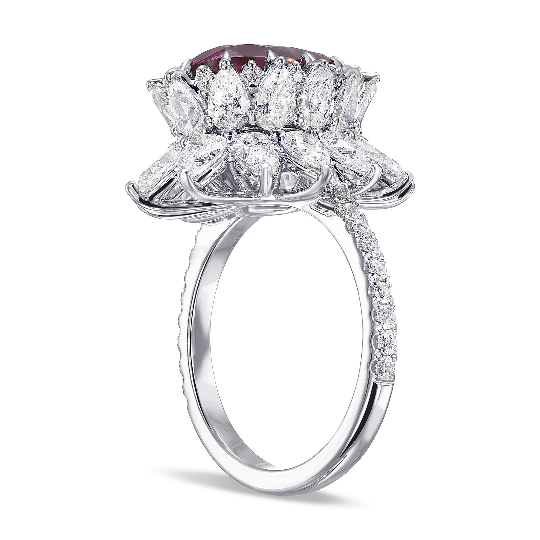 Extraordinary Oval Ruby and Diamond Halo Side-stone Ring AGL GRS - 4