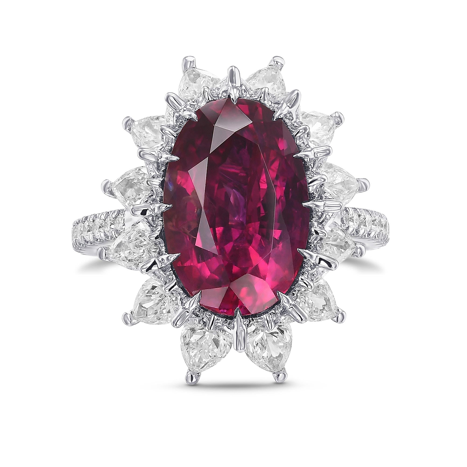 Extraordinary Oval Ruby and Diamond Halo Side-stone Ring AGL GRS
