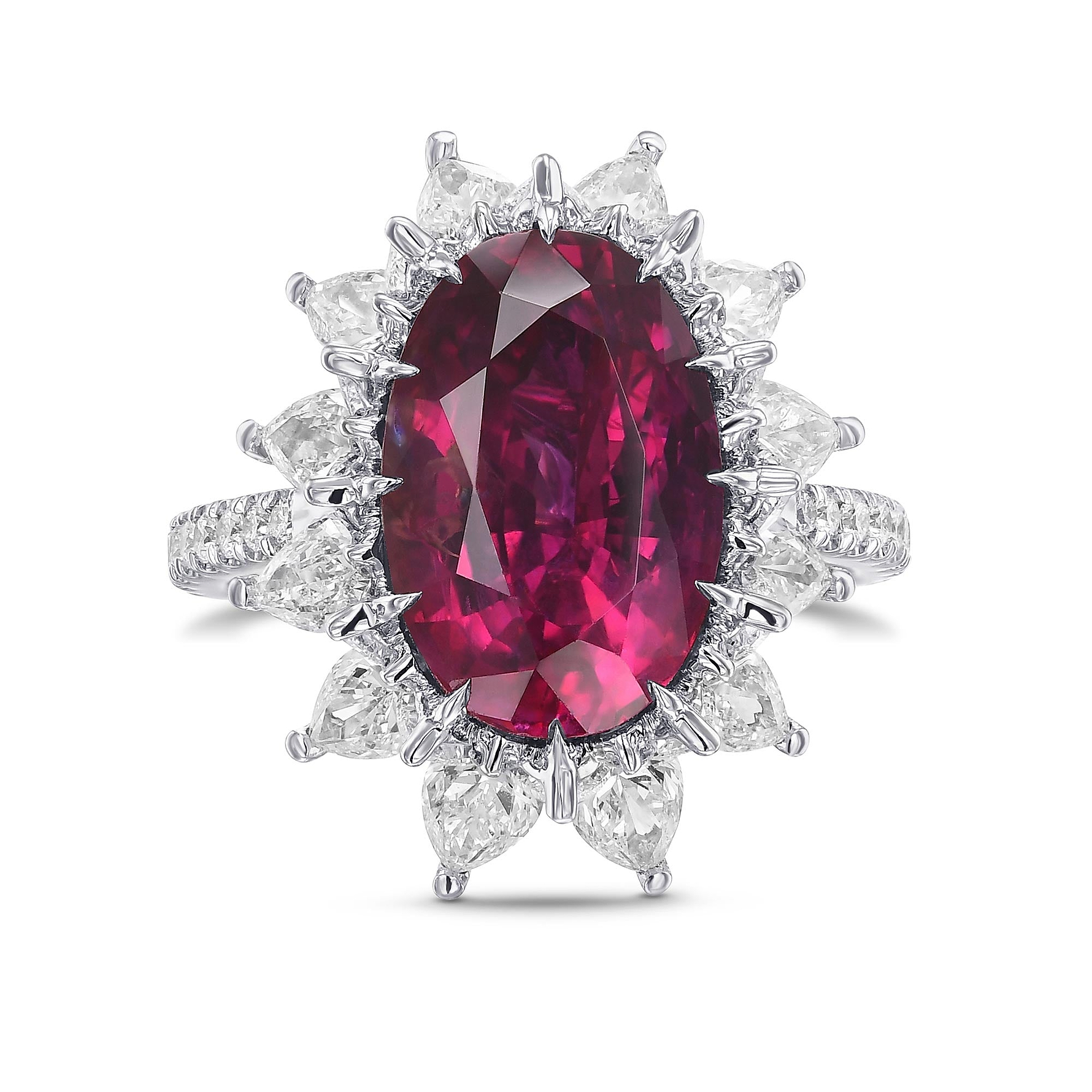 Extraordinary Oval Ruby and Diamond Halo Side-stone Ring AGL GRS