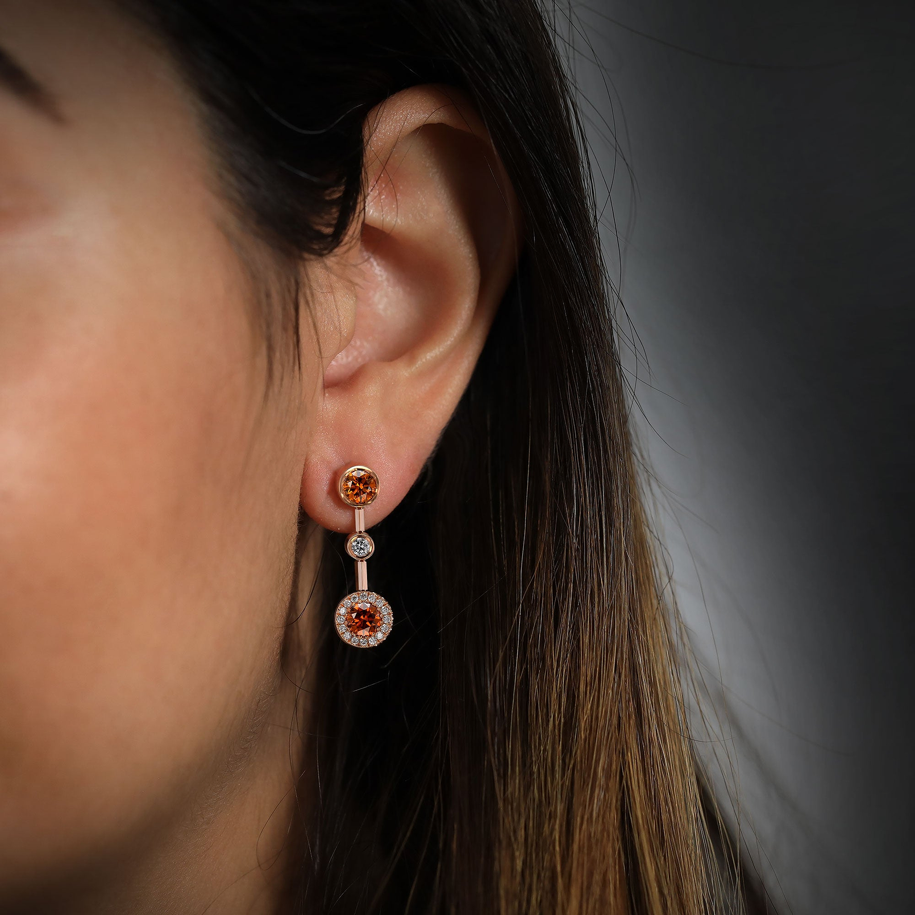 Round Orange Diamond Halo Drop Earrings GIA - 3