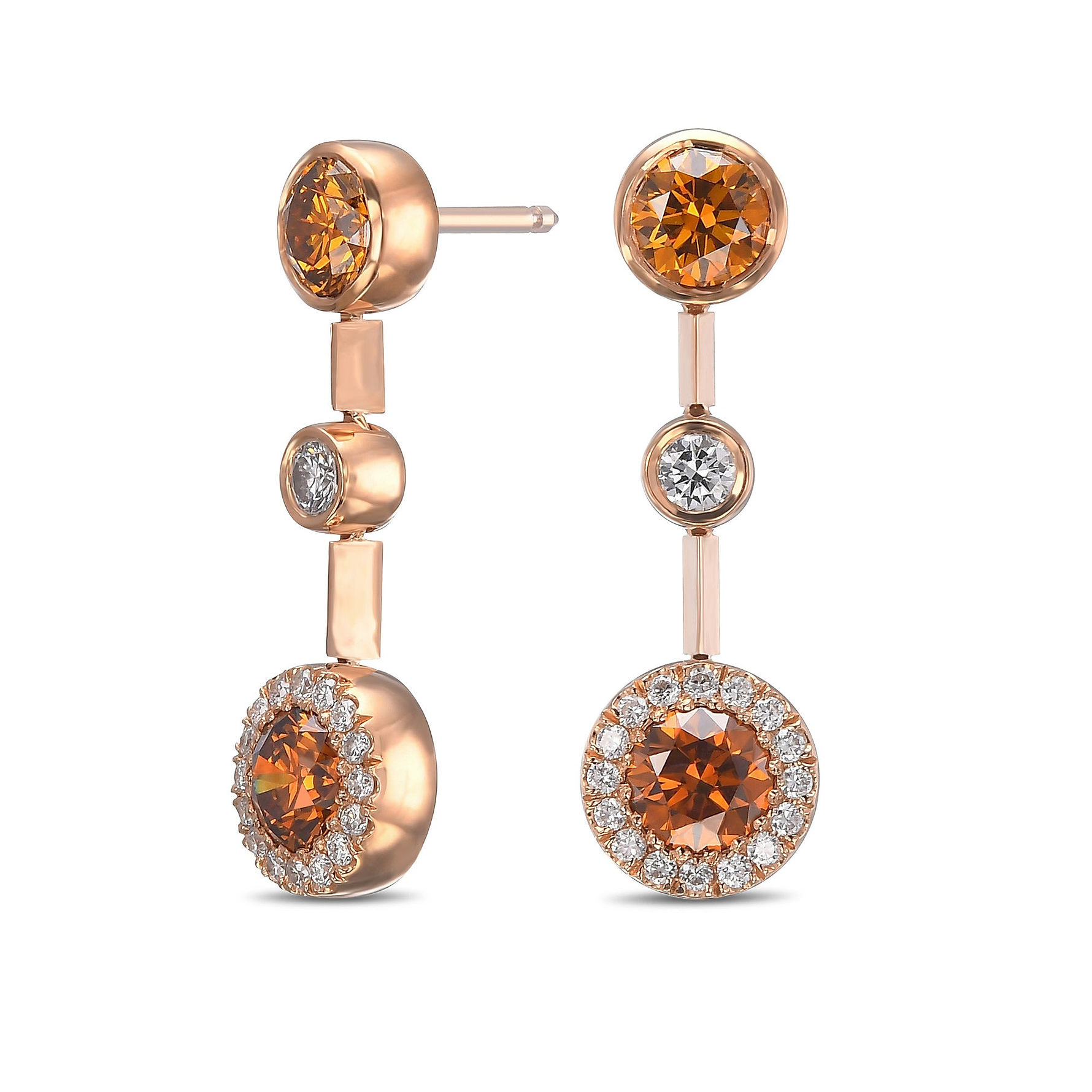 Round Orange Diamond Halo Drop Earrings GIA - 2