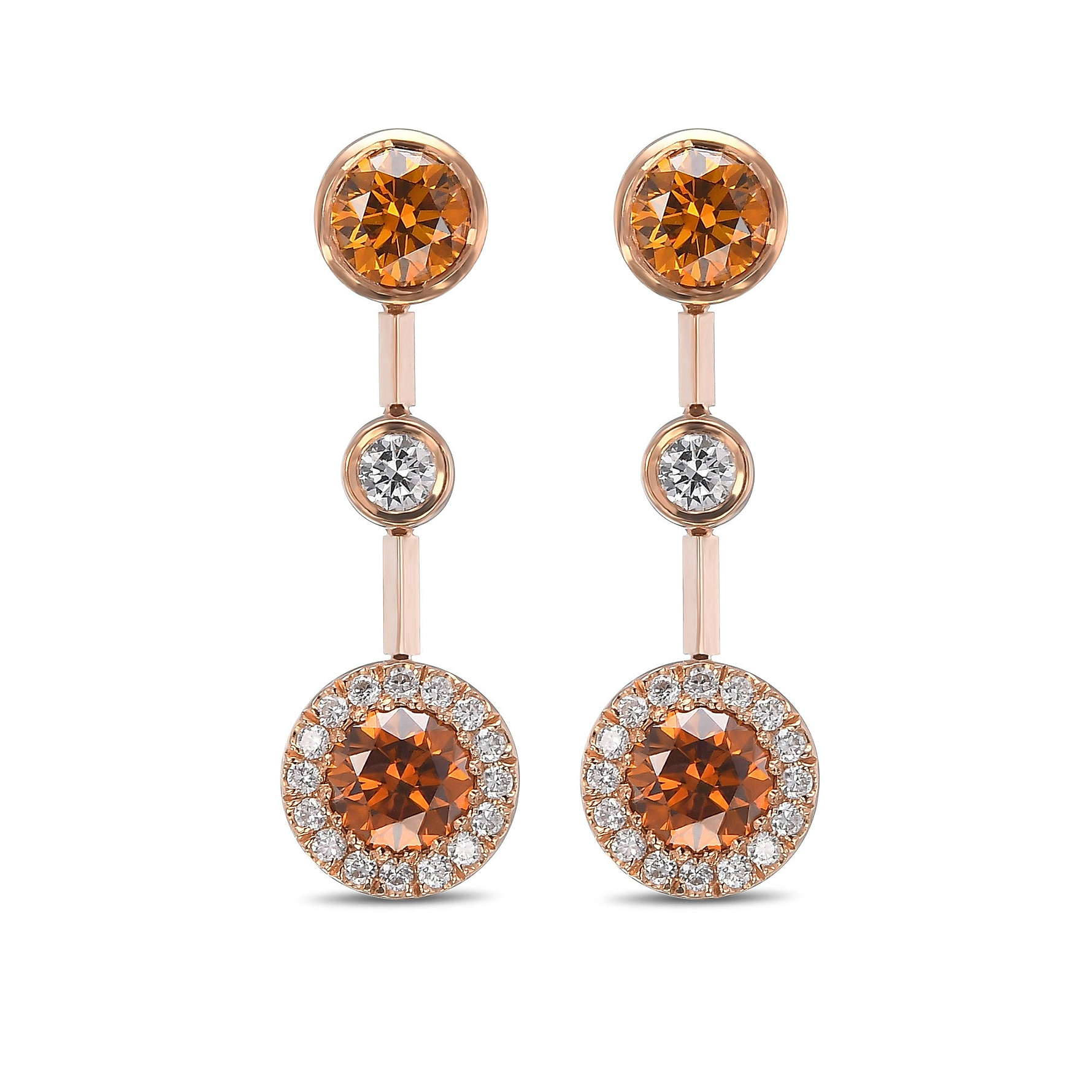 Round Orange Diamond Halo Drop Earrings GIA