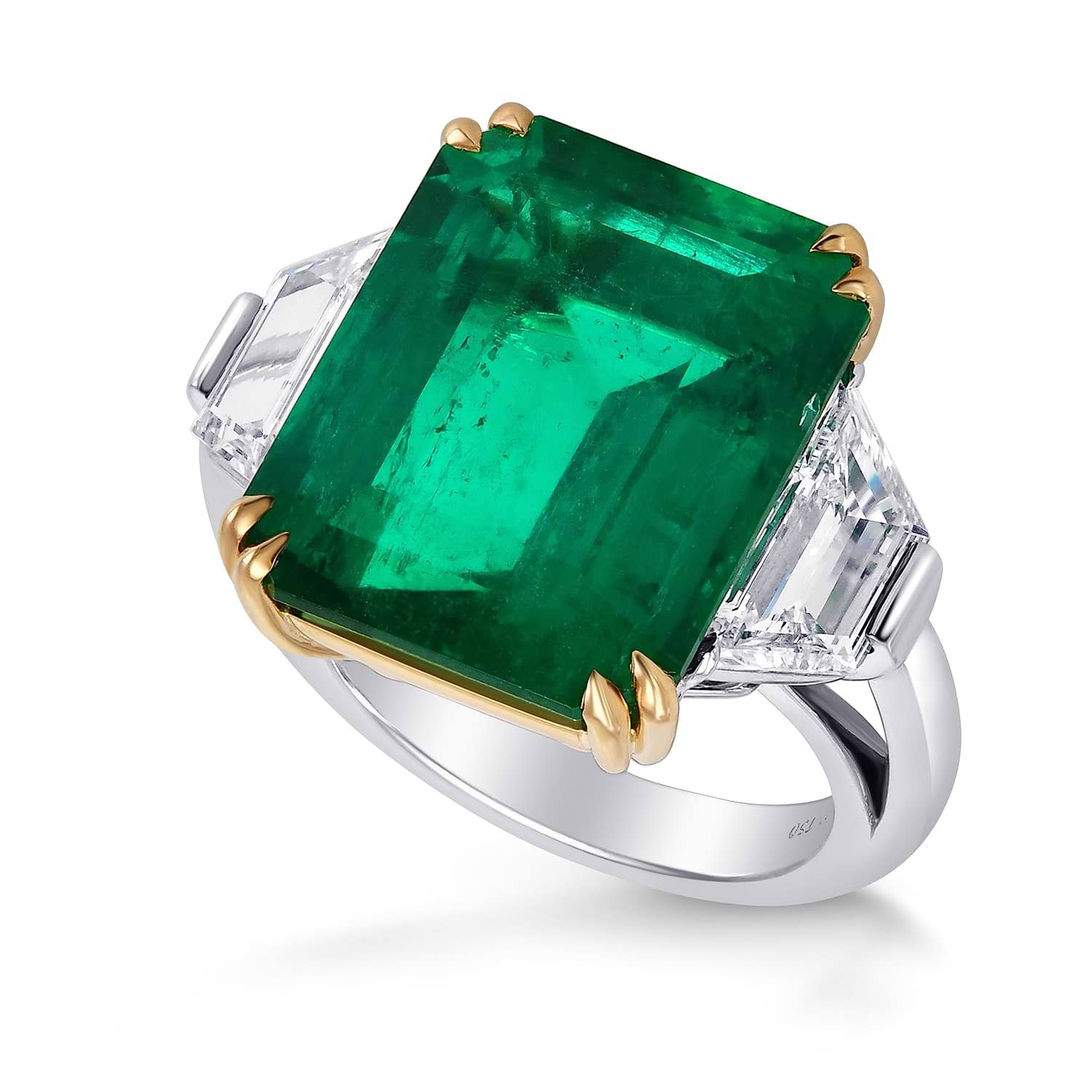 Extraordinary Emerald Shape Emerald and Diamond Three-stone Ring